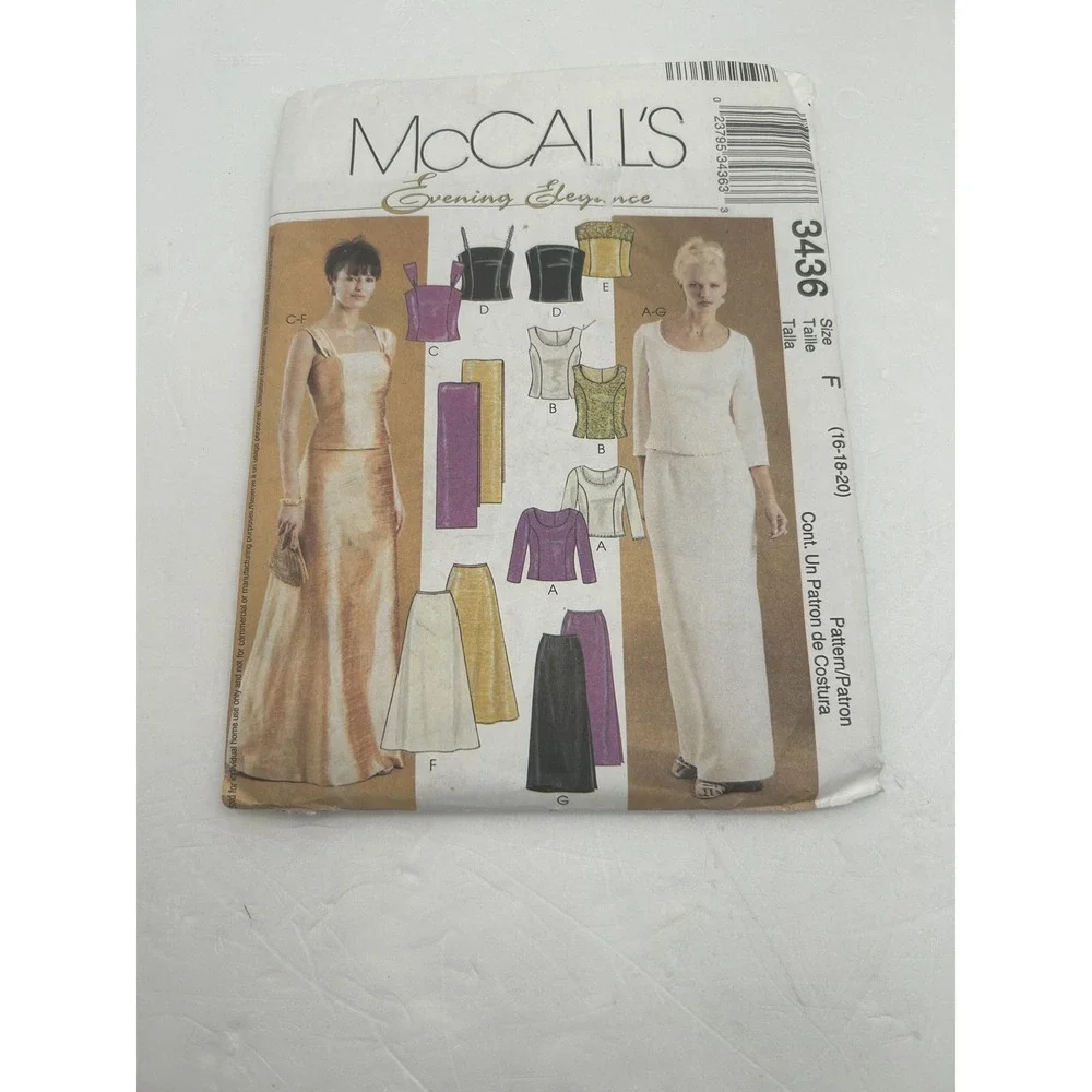 McCall's 3436 Evening Elegance Pattern Size 16 18 20 Uncut Misses' Tops Skirts